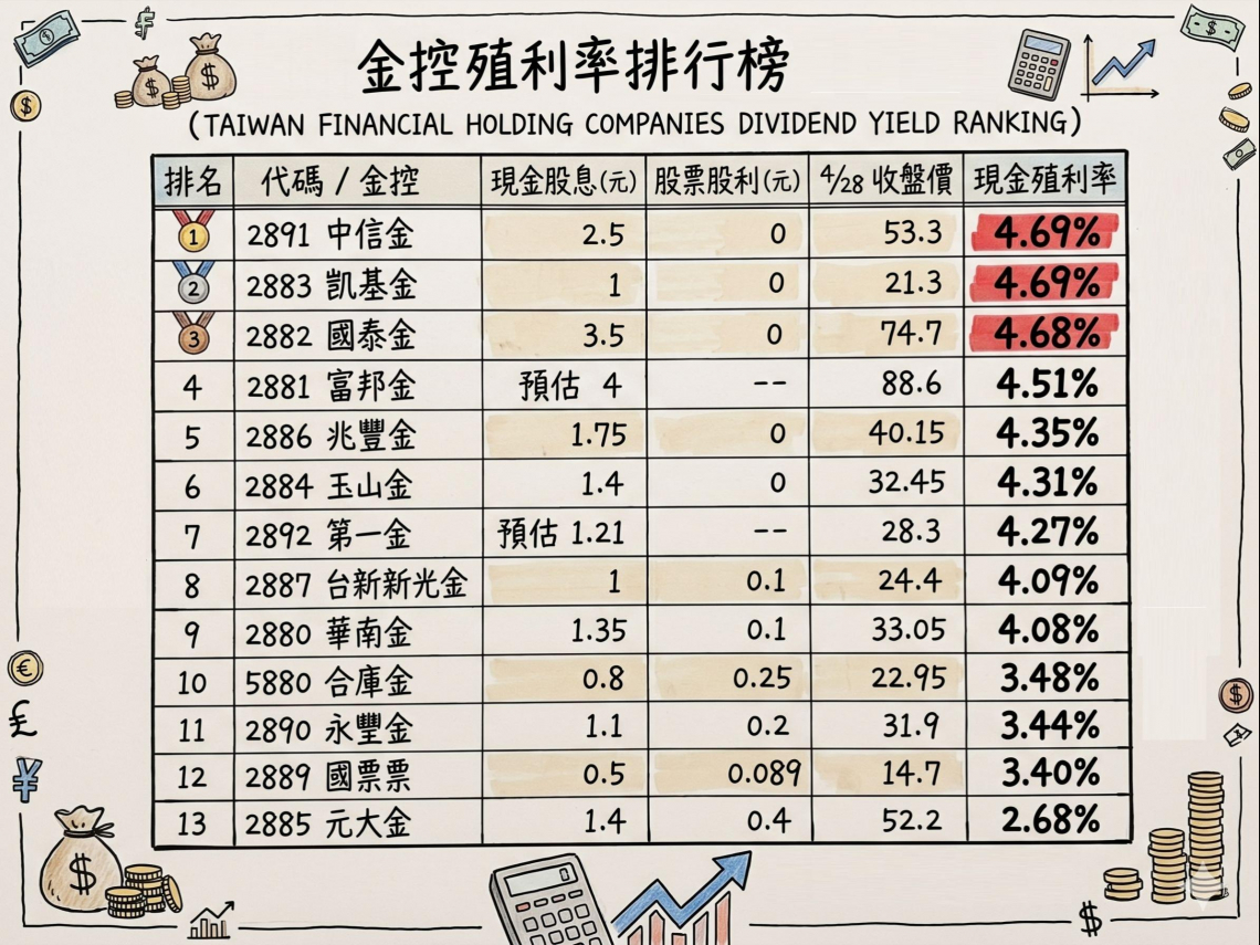 13家金控股利完整版！4家現金殖利率逾4.5%，中信金、凱基金、富邦金、國泰金、兆豐金…存股一表看